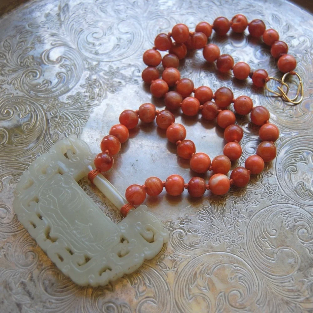 Antique Estate Jade & Coral Necklace - Picture 2 of 6